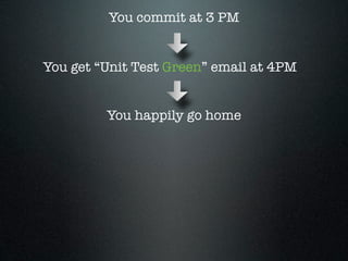 You commit at 3 PM


You get “Unit Test Green” email at 4PM


         You happily go home
 