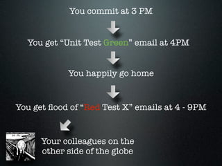 You commit at 3 PM


  You get “Unit Test Green” email at 4PM


            You happily go home


You get ﬂood of “Red Test X” emails at 4 - 9PM


      Your colleagues on the
      other side of the globe
 