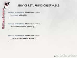 SERVICE RETURNING OBSERVABLE
public interface ShrödingersCat {
boolean alive();
}
public interface ShrödingersCat {
Future<Boolean> alive();
}
public interface ShrödingersCat {
Iterator<Boolean> alive();
}
 