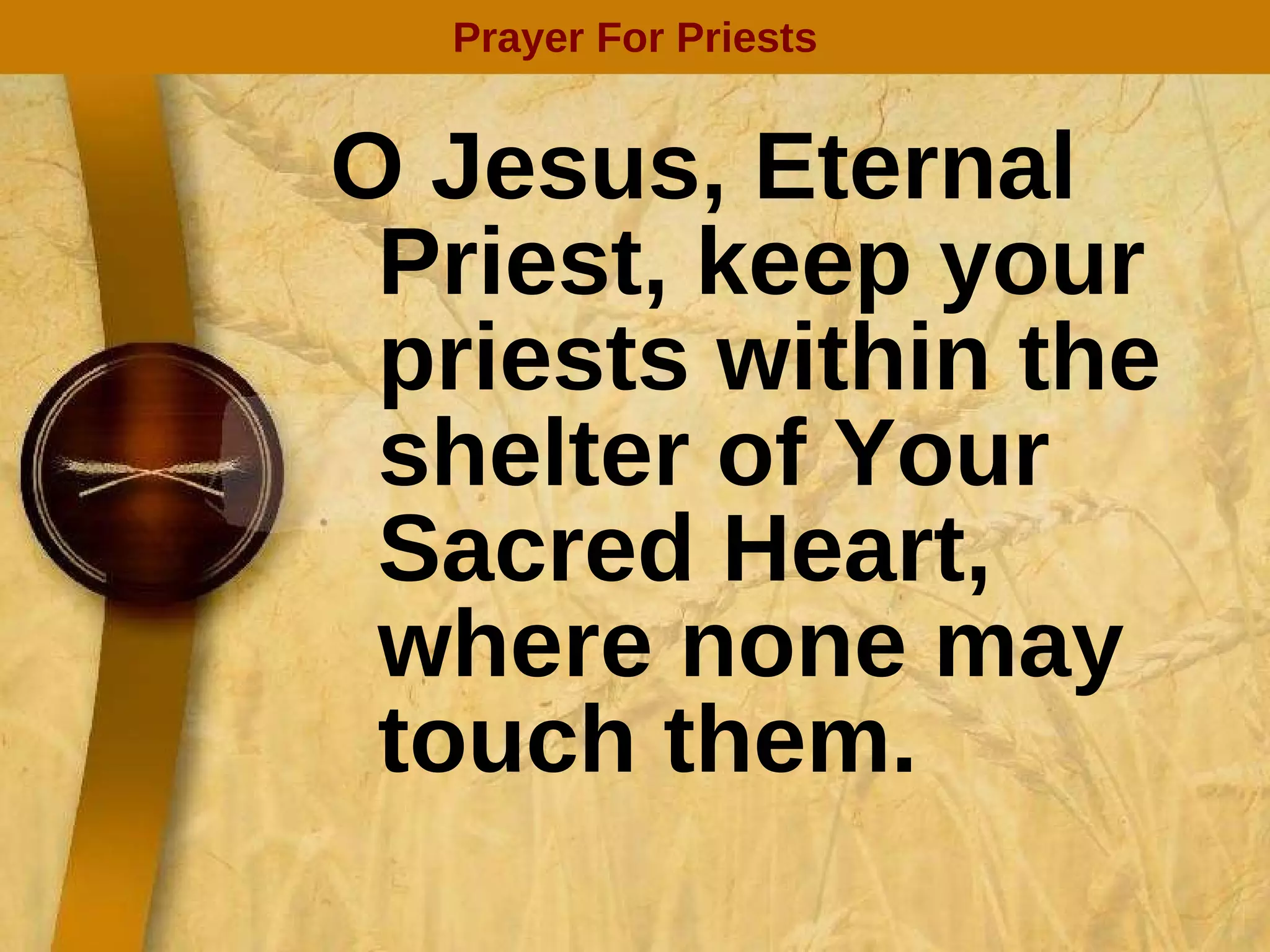 O Jesus, Eternal Priest, keep your priests within the shelter of Your Sacred Heart, where none may touch them. Prayer For Priests 