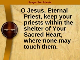 O Jesus, Eternal Priest, keep your priests within the shelter of Your Sacred Heart, where none may touch them. Prayer For Priests 