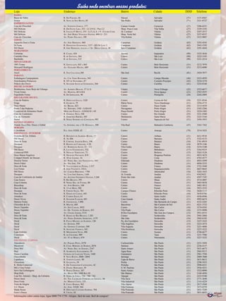 Saiba onde encotrar nossos produtos:
Loja                                              Endereço                                                  Bairro               Cidade                  DDD    Telefone
BAHIA
Bazar do Valter                                  R. DO PARAÍSO, 46                                          Názaré               Salvador                (71)   3321-0567
Jyraya                                           R. NOVA DE SÃO BENTO, 05                                   São Pedro            Salvador                (71)   3321-6727
ESPÍRITO SANTO
Casa do Chocolate                                AV. EXPEDITO GARCIA, 177                                   Campo Grande         Cariacica               (27)   3286-6251
Mil Delícias                                     R. DR.OLIVIO LIRA, 353 - LJ 219 G - PISO L2                Shop. Praia Costa    Vila Velha              (27)   3329-3183
Mil Delícias                                     R. ITALINA P. MOTTA, 353 - LJ 5, 6, 8, E 9 - CENTRO COML   Jd. Camburi          Vitória                 (27)   3347-3517
Mil Delícias                                     AV. JOSÉ MARIA VIVACQUA SANTOS, 400 LJ - 211               Shop. Norte Sul      Vitória                 (27)   3337-0337
Casa do Chocolate                                AV. PEDRO NOLASCO, 109                                     Vila Rubim           Vitória                 (27)   3223-9807
GOIÁS
Aquarela Doce e Festa                            AV. JOSE HERMANO, 460                                      Campinas             Goiânia                 (62)   3293-4545
Di Festa                                         R. HONESTINO GUIMARÃES, 1137 - QD.56 LOTE 5                Campinas             Goiânia                 (62)   3942-5392
Mil Doces                                        R. JOSÉ HERMANO, ESQUINA C/ AV. MINAS GERAIS, 44           Setor Campinas       Goiânia                 (62)   3291-4444
MARANHÃO
Cartuimp                                         R. CEARÁ, 424                                              Jussara              Imperatriz              (99)   3525-3636
Cantinho Doce                                    R. DE SANTANA, 364                                         Centro               São Luiz                (98)   3222-5185
Bambalão                                         R. DE SANTANA, 515                                         Centro               São Luiz                (98)   3221-2214
MINAS GERAIS
1001 Festas                                      R. GOITACAZES, 843 A 865                                   Centro               Belo Horizonte          (31)   3212-7070
Mercantil Rodrigues                              AV. OLEGARIO MACIEL, 689                                   Centro               Belo Horizonte          (31)   3212-6080
PERNAMBUCO
Arcol                                            R. DAS CALCADAS,368                                        São José             Recife                  (81)   3424-7077
PARANÁ
Embalagens Campoplastic                          AV. CAP. ÍNDIO BANDEIRA, 941                               Centro               Campo Mourão            (44)   3523-4959
Distribuidora Primavera                          R. XV DE NOVEMBRO, 87                                      Centro               Cornelio Procópio       (43)   3524-2370
Palácio dos Doces                                R. SENADOR ALENCAR GUIMARÃES, 204                          Centro               Curitiba                (41)   3232-0168
RIO DE JANEIRO
Bomboniere Doce Beijo de Friburgo                AV. ALBERTO BRAUNE, 57 LJ A                                Centro               Nova Friburgo           (22)   2523-6677
Vivan Festas                                     AV. MARTINS, 68 LOJA                                       Centro               Nova Iguaçu             (21)   2767-5557
Fajardinho Festas                                R. DO IMPERADOR, 90                                        Centro               Petrópolis              (24)   2242-2404
RIO GRANDE DO SUL
Casa do Padeiro                                  R. HERCULES GALLO, 1320                                    Centro               Caxias do Sul           (54)   3221-8544
Ferga                                            R. GUARUJÁ, 79                                             Pátria Nova          Novo Hamburgo           (51)   3594-4775
Doce Mania                                       AV. BRASIL, 623                                            Centro               Passo Fundo             (54)   3313-4559
Ponto 5 das Padarias                             AV. SERTORIO, 1105 - LOJA 01                               Navegantes           Porto Alegre            (51)   3342-2266
Comercial de Alimentos Madri                     MERCADO PÚBLICO - LOJAS 01 E 03                            Praça Parobé         Porto Alegre            (51)   3224-1402
Casa do Confeiteiro                              R. GENERAL NETO, 548                                       Centro               Rio Grande              (53)   3231-5560
Cia. do Fermento                                 R. DEMETRIO RIBEIRO, 305                                   Medianeira           Santa Maria             (55)   3225-3164
Sumel                                            R. NOSSA SENHORA DA CONCEIÇÃO, 902                         Centro               Sapucaia do Sul         (51)   3450-3955
SANTA CATARINA
Mundo Doce Dist. Doces e Embal.                  5A. AVENIDA, ESQ. C/ D. HENRIQUE, 590                      Vila Real            Balneário Camboriu      (47)   3363-7362
SERGIPE
O Bombom                                         PÇA. JOÃO XXIII, 42                                        Centro               Aracaju                 (79)   3214-3425
SÃO PAULO - INTERIOR
Festinha & Cia. Atibaia                          R. BENEDITO DE ALMEIDA BUENO, 57                           Centro               Atibaia                 (11)   4411-9510
SM Doces                                         R. 16, 806                                                 Centro               Barretos                (17)   3322-4133
Doce & Festa                                     R. CORONEL JOAQUIM ROSA, 196                               Centro               Batatais                (16)   3761-0919
Docepan                                          R. BATISTA DE CARVALHO, 3-28                               Centro               Bauru                   (14)   3879-1106
Docepan                                          AV. RODRIGUES ALVES, 21 - 111                              Vila Cardia          Bauru                   (14)   3234-5100
SM Doces                                         R. LUCAS EVANGELISTA, 532                                  Centro               Bebedouro               (17)   3342-9324
Comercial PHS                                    R. NICOLAU VERCELINO, 73                                   Centro               Boituva                 (15)   3263-3120
Doce Mania Nogalves                              R. NICOLINO NACARATI, S/N                                  Centro               Bragança Paulista       (11)   4033-3674
Cotippel Distrib. de Descart.                    R. 10 DE JANEIRO, 16                                       Centro               Cotia                   (11)   4703-4577
Doceria Torres                                   AV. NOSSA SRA. DOS NAVEGANTES, 845                         Eldorado             Diadema                 (11)   4043-5499
Doces Fukai                                      AV. SÃO JOSE, 334                                          Centro               Diadema                 (11)   4056-2335
Doce & Festa                                     R. VOLUNTÁRIOS DA PÁTRIA, 1.217                            Centro               Franca                  (16)   3722-3440
Lics Festas                                      R. JOÃO VAGNOTTI, 252-L                                    Centro               Itaquaquecetuba         (11)   4647-0645
SM Doces                                         AV. CARLOS BERCHIERI, 1700                                 Centro               Jaboticabal             (16)   3202-1852
Docepan                                          AV. LUIS JOSÉ SERENO, 1100                                 Jd. Ermida           Jundiaí                 (11)   45825022
Casa do Confeiteiro de Jundiaí                   AV. ANTONIO FREDERICO OZANAN, 3.240                        Ponte São João       Jundiaí                 (11)   4587-7107
Casa Soares                                      R. RIO BRANCO, 395                                         Centro               Maua                    (11)   4514-4807
Casa Colméia                                     R. NOSSA SRA. DE FÁTIMA, 80                                Centro               Osasco                  (11)   3683-8838
Biscoshop                                        AV. JOÃO BATISTA, 160                                      Centro               Osasco                  (11)   3682-3012
Doce & Festa                                     R. 13 DE MAIO, 588                                         Centro               Pontal                  (16)   3953-3232
Docepan                                          R. FERNÃO SALES, 781                                       Campos Eliseos       Ribeirão Preto          (16)   3628-1115
Doce & Festa                                     R. DUQUE DE CAXIAS, 445                                    Centro               Ribeirão Preto          (16)   3610-8766
Amedoce                                          R. CAMPOS SALES, 61                                        Centro               Santo André             (11)   4436-6946
Doces Vevey                                      R. SENADOR FLAQUER, 691                                    Casa Grande          Santo André             (11)   4992-6674
Damico Festas                                    R. JURUBATUBA, 1.096                                       Centro               São Bernardo do Campo   (11)   4332-2265
Chocolate & Cia.                                 R. MACEIÓ, 685                                             Barcelona            São Caetano do Sul      (11)   4221-3722
Doces Tiquinho                                   AV. SÃO CARLOS, 3032                                       Centro               São Carlos              (16)   3374-8585
Doces Tiquinho                                   AV. DR. TEIXEIRA DE BARROS, 435                            Vila Prado           São Carlos              (16)   3373-9090
Itapoã                                           AV. CIDADE JARDIM, 5153                                    B.Dos Eucaliptos     São José dos Campos     (12)   3921-0333
Doce & Festa                                     R. BARÃO DO RIO BRANCO, 1.283                              Centro               Sertãozinho             (16)   3945-2868
Doce & Festa                                     AV. NOSSA SENHORA APARECIDA, 1179                          São João             Sertãozinho             (16)   3942-6182
Dicid                                            R. PAULO MANOEL DE ALMEIDA, 120                            Pq. dos Eucaliptos   Sorocaba                (15)   3227-3222
Dicid                                            AV. IPANEMA, 930                                           Vila Angélica        Sorocaba                (15)   3223-2474
Dicid                                            AV. GENERAL CARNEIRO, 500                                  Vila Augusta         Sorocaba                (15)   3221-4688
Dicid                                            R. ANCELMO TODESCO, 102                                    Vila Hortência       Sorocaba                (15)   3227-3222
Luan Enfeites                                    R. MONSENHOR NUNO, 496                                     Centro               Suzano                  (11)   4748-6677
Consorpan                                        R. DO CRUZEIRO, 909                                        Centro               Tatui                   (15)   3251-7986
Dicid                                            AV. 31 DE MARÇO, 679                                       Centro               Votorantim              (15)   3227-3222
SÃO PAULO - CAPITAL
Atacadoces                                       AV. PARADA PINTO, 2578                                     Cachoeirinha         São Paulo               (11)   2231-3494
Macarroni                                        R. CONS. MOREIRA DE BARROS, 2076                           Santana              São Paulo               (11)   2236-4157
Doce Mel                                         AV. NOSSA SRA. DO SABARÁ, 2167                             Santo Amaro          São Paulo               (11)   5631-6673
Ibeji                                            R. ALMIRANTE ALEXANDRINO, 39                               Água Rasa            São Paulo               (11)   2965-9317
Doces Carolina                                   ESTRADA DO LAGEADO VELHO, 1440                             Guaianazes           São Paulo               (11)   2961-7594
Chocolândia                                      R. SILVA BUENO, 2040 / 2044                                Ipiranga             São Paulo               (11)   2889-7600
Lapadoces                                        R. TENENTE LANDY, 90                                       Lapa de Baixo        São Paulo               (11)   3611-8615
Chocoleste                                       R. GUAIAUNA, 54                                            Penha                São Paulo               (11)   2296-3433
R. Motta Comercial                               R. DR.TEODOLINDO CASTIGLIONE, 42                           Pirituba             São Paulo               (11)   3998-8351
Mil e Uma Festas                                 R. DANIEL BERNARDO, 39                                     S. M. Paulista       São Paulo               (11)   2956-4251
Servi Sul Embalagens                             R. BARÃO DUPRAT, 267                                       Santo Amaro          São Paulo               (11)   5522-0090
Shop Kids                                        AV. MATEO BEI, 2408 BOX 02                                 São Mateus           São Paulo               (11)   2168-4050
Loja Sto. Antonio - Shop. da Culinária           R. SERRA DE JUREA, 736 / 740 / 762                         Tatuapé              São Paulo               (11)   2225-9100
Doces Jacuí                                      AV. TEN. LAUDELINO FERREIRA DO AMARAL, 66                  Vila Jacui           São Paulo               (11)   2771-3640
Doce Festa                                       AV. MORAES COSTA, 133                                      Vila Industrial      São Paulo               (11)   2143-4229
Trem da Alegria                                  R. COSTA BARROS, 962                                       Vila Alpina          São Paulo               (11)   2917-2568
A.J. Doces                                       AV. JOÃO XXIII, 564                                        Vila Formosa         São Paulo               (11)   3473-6559
Madu Doces                                       R. DEPUTADO CANTIDIO SAMPAIO, 784                          Vila Penteado        São Paulo               (11)   3851-7249
Ferro’s Doces                                    R. URUBA, 02                                               Vila Penteado        São Paulo               (11)   3851-6655
Informações sobre outras lojas, ligue 0800 774 1770 - Alispec, fácil de usar, fácil de comprar!
 