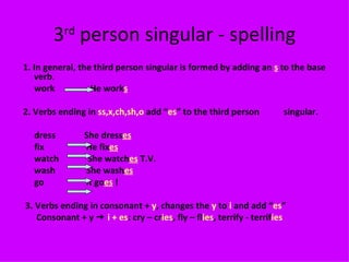 3 rd  person singular - spelling 1. In general,   the third person singular is formed by adding an  s  to the base verb . work  He work s 2. Verbs ending in  ss,x,ch,sh,o  add “ es ” to the third person  singular. dress  She dress es fix  He fix es watch  She watch es  T.V. wash  She wash es go  It go es  ! 3. Verbs ending in consonant +  y , changes the  y  to  i  and add “ es ” Consonant + y     i + es : cry – cr ies , fly – fl ies , terrify - terrif ies 