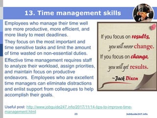 13. Time management skills
Employees who manage their time well
are more productive, more efficient, and
more likely to me...