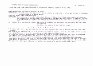 NOMBRE: NORA MARLENE LOPEZ CADENA
SITUACIO$¡ PIDACTICA PARA FAVORECER EL DESARROLLCI PERSoNAL Y socIAL EN EL NIÑo
8o PRODUC9O
CAIIPO FORMATIVO: DESARROLLO PORSOIiAL Y SOCIAL
Ce&PETENCLI': AprCada robrc la loportancl. dc la a41rt¡d y coBprcnda el vaLor quc tlcnen Ia conflanta
la honcrtldad y GI apoyo nuluo.
ASPECTO: Rclasloncs Lntarperronalcr
PROPOSÍTOT Sc¡n capacca dc asunlr rolct dlrtlntog Gn el Jucao y an otraa ac¡lvldrucai do trabaiar
é¡¡ eo¡aboraclon dé apoyürrG cntrG conpañeros dc rcoolvcr conf¡lcto¡ a travÉs dal dtáloEo
y dc rcqonoccr y rasPat¡r l¡r rcglas da conyl'ancLa cn el ¡ula, an Ia arcuaLa y fucrE dG
élIa.
SE FAVORACE y SE ¡IAtsIPIESTA CUAíDOs P¡rtlslpü y colabor. eon adultos y con 6ue parGE Gn dtrtlntat
aqtlvldadc¡.
Eatablccc rcLasloncs dc ¡ú15t-d con otroE.
ACTTVID¡DESt A butcar cl f.soro¡ por paraJ¡r uno con Los ojor rcndadoa GL otra lo gt¡tara hastr cl lugar dc¡,
tésora.
'La.caja dc log téaoroas ta Las pldc a todos unc eaja dc zapatos, cada dta los nlños tracn un ob!c-
quio paquúño p¡ra la caja dcl amlgutto y ¡l dla sigulcntc iLguc'otro.
'A culdar tl huavlto: Gn aqulpos. a cda cqulpp sc lc da un hucvitodccorado para qu.c diart amcntc
lo llcvc a cata un lntcgrantc dcl cqulpo aI flnalizar gc rato¡nará ahora poi acnana.
Postcrlorm.ntc c¡da Lntégrantc t.ndra !u proplo hucvlto y Io lntercahblaiácon otro anlqulto..cor¡o oa ml .nlgulto¡ cada nLño (a) cn un¡ hoje dtbulará á un amiqo .l.maqlnarlo de como ic qqrad¡rfa
como fueraral tarminar Lo comcntará y la ¡¡aertra Ia prcguntará ¡l exlste alquian agf cn el-salóó¡.86al1aar un tall,er para cl¡borar un gulñol con ayuda de un adulto (papá, mañá, etc.)
 