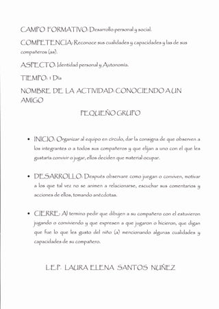 COM|LTLNCIA, (eco,,oce sus crrlíd"d" s g ca?acídades gl^s d" sus
compañeros (rs).
ASILCTO, ldentídad p"rso'",rl g Autonomía.
TlLMf Q,r|)i',
NOMbKL DL LA ACTIVIDAD. CONOCILNDOA UN
AMIGO
1LQULÑOGKUTO
losíntegrantes o a todos sus compañe ros y qu..lij"" a uno.o,-,.1 qu" l"s
gustaría convívír o jugar,.llos J.cíJer', que mate ríal ocuTar.
. DLSAKKOLLQ, p.spués obse rvare comojue gan o convíven, motívar
" los que tal vez no se aníme n u ,"|^cíonarse,
"scuch^,
sus come ntaríos y
accíones J.
"llos,
tomando anécáotas.
. CILRKL,{l ter*í''o p.Jít qr" dibu;en a su compañero con el estuvíe ron
juganáo o convíví"r'rdo g que expresen a 3ue lugaron
o hící.ron, que áíg^n
gr" fr. lo qu" les gusto del níno (u) re'-t.íonando ulgrruu cuulíá^á"s g
capacíáades de su compafrero.
CAMflO fOKMATIVO, p"s.rrollo p-'uonal g social.
. lNlClO, Qrganízar al eluípo e n circulo, d.t l" consígna J" qu. ob".*.,', t
LLT. LAUKA LLLNA sANTOs NUNLZ
 