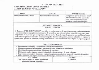 SITUACION DIDACTICA
EDUCADORA IRMA L0PEZ RAMIREZ
JARDIN nE xrños *HUILOApAN',
CAMPO ASPECTO COMPETENICIA
Desarrollo Personal y Social Relaciones Interpersonales Comprende que las personas tienon
diferentes necesidades puntos de
vistao culturas y creencias que
deben ser tratadas con respeto.
SITUACION DIDACTICA
cnuRo Requrño
1.- Jugando al "EL ROPAaEJERO". Los niños en equipo sacaran de una caja ropa que trajeron de su cast
de su mamá y de su papá se caracterizaran de acuerdo al que quieran imitar, cada niño comentara algo
importante de su padres que les agrada de ellos y que les disgusta y que les gustaría que cambiaran lo que
cada niño va opinando se escribe para después poder dárselos a los padres, cuando cada niño ya expreso lo
quería decir pasaran al área de la casita y dramatizaran a una f¿milia cada niño elegirá su papel y jugaraü,
OTRAS COMPETENCIAS
/ Reconoce sus cualidades y capacidades y las de sus compañeros
/ Obtiene y comparte información a través de diversas formas de expresión oral
/ ldentifica algunas características del sistema de escritura.
/ Distingue y explica algunas características de la culturá propia y de otras culturas.
'/ Representa personajes y situaciones reales o imaginarios mediante el juego y la expresión dramática.
'/ Utiliza el lenguaje para regular su conducta en distintos tipos de interacción con los demás.
RECURSOS
Cajao ropa de papá o de mamá, papel
plumones. cámara fotosráfica.
bond,
TIEMPO
35 o 40 min.
 