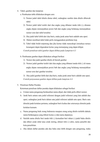 28
4. Tabel, gambar dan lampiran
a. Pembuatan table dilakukan dengan cara:
1) Nomor judul tabel ditulis diatas tabel, sedangkan sumber data ditulis dibawah
tabel.
2) Nomor judul tabel terdiri dari dua angka yang dibatasi tanda titik (.), dimana
angka depan menunjukkan posisi bab dan angka yang belakang menunjukkan
nomor urut dari tabel tersebut.
3) Jika judul tabel lebih dari dua baris, maka jarak antar baris adalah satu spasi.
4) Dalam membuat tabel tidak perlu menggunakan pembatas kop.
5) Tabel tidak boleh terpotong dan jika kertas tidak mencukupi (misalnya neraca
keuangan) dapat digunakan kertas yang memanjang yang dapat dilipat.
Contoh penulisan tabel gambar dapat dilihat pada Lampiran 4.3
b. Pembuatan gambar dapat dilakukan sebagai berikut:
1) Nomor dan judul gambar ditulis di bawah gambar
2) Nomor judul gambar terdiri dari dua angka yang dibatasi tanda titik (.) di mana
angka depan menunjukkan posisi bab dan angka yang belakang menunjukkan
nomor urut dari gambar tersebut.
3) Jika judul gambar lebih dari dua baris, maka jarak antar baris adalah satu spasi.
Contoh penyusunan gambar dapat dilihat pada lampiran 4.4
5. Penulisan Daftar Pustaka
Ketentuan penulisan daftar pustaka dapat dilakukan sebagai berikut:
a. Urutan nama pengarang berdasarkan nama abjad, dan tidak perlu diberi nomor.
b. Jarak baris antara satu judul referensi dengan judul referensi yang lain adalah dua
spasi, sedangkan jarak baris dalam satu judul referensi adalah satu spasi. Baris satu
dimulai pada ketukan pertama, sedangkan baris kedua dan seterusnya dimulai pada
ketukan keenam.
c. Nama pengarang baik orang Indonesia maupun orang asing ditulis terlebih dahulu
nama belakangnya yang diikuti koma (,) dan nama depannya.
d. Setelah nama ditulis beri tanda titik (.) kemudian beri tahun (.) judul buku ditulis
dan diberi cetak tebal atau cetak miring, diikuti titik (.) edisi, nama penerbit dan
kota penerbitan.
e. Jika dalam daftar pustaka ada dua buku atau lebih dengan satu pengarang, maka
 