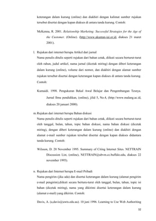 32
keterangan dalam kurung (online) dan diakhiri dengan kalimat sumber rujukan
tersebut disertai dengan kapan diakses di antara tanda kurung. Contoh:
McKenna, R. 2001. Relationship Marketing: Successful Strategies for the Age of
the Customer. (Online). (http://www.akuntan-iai.or.id, diakses 21 maret
2001).
l. Rujukan dari internet berupa Artikel dari jurnal
Nama penulis ditulis seperti rujukan dari bahan cetak, diikuti secara berturut-turut
oleh rahun, judul artikel, nama jurnal (dicetak miring) dengan diberi keterangan
dalam kurung (online), volume dari nomor, dan diakhiri dengan alamat sumber
rujukan tersebut disertai dengan keterangan kapan diakses di antara tanda kurung.
Contoh:
Kumaidi. 1998. Pengukuran Bekal Awal Belajar dan Pengembangan Tesnya.
Jurnal Ilmu pendidikan, (online), jilid 5, No.4, (http://www.malang.ac.id,
diakses 20 januari 2000).
m.Rujukan dari internet berupa Bahan diskusi
Nama penulis ditulis seperti rujukan dari bahan cetak, diikuti secara berturut-turut
oleh tanggal, bulan, tahun, topic bahan diskusi, nama bahan diskusi (dicetak
miring), dengan diberi keterangan dalam kurung (online) dan diakhiri dengan
alamat e-mail sumber rujukan tersebut disertai dengan kapan diakses didantara
tanda kurung. Contoh:
Wilsson, D. 20 November 1995. Summary of Citing Internet Sites. NETTRAIN
Discussion List, (online), NETTRAIN@ubvm.cc.buffalo.edu, diakses 22
november 1995).
n. Rujukan dari Internet berupa E-mail Pribadi
Nama pengirim (jika ada) dan disertai keterangan dalam kurung (alamat pengirim
e-mail pengirim),diikuti secara berturu-turut oleh tanggal, bulan, tahun, topic isi
bahan (dicetak miring), nama yang dikirimi disertai keterangan dalam kurung
(alamat e-mail) yang dikirim. Contoh:
Davis, A. (a,davis@uwts.edu.au). 10 juni 1996. Learning to Use Web Authoriting
 