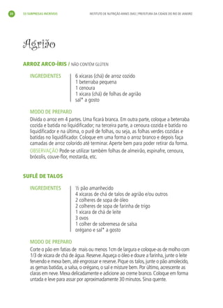 20   33 SURPRESAS INCRÍVEIS             INSTITUTO DE NUTRIÇÃO ANNES DIAS | PREFEITURA DA CIDADE DO RIO DE JANEIRO




     Agrião
     ARROZ ARCO-ÍRIS / NÃO CONTÉM GLÚTEN

         INGREDIENTES            6 xícaras (chá) de arroz cozido
                                 1 beterraba pequena
                                 1 cenoura
                                 1 xícara (chá) de folhas de agrião
                                 sal* a gosto

         MODO DE PREPARO
         Divida o arroz em 4 partes. Uma ﬁcará branca. Em outra parte, coloque a beterraba
         cozida e batida no liquidiﬁcador; na terceira parte, a cenoura cozida e batida no
         liquidiﬁcador e na última, o purê de folhas, ou seja, as folhas verdes cozidas e
         batidas no liquidiﬁcador. Coloque em uma forma o arroz branco e depois faça
         camadas de arroz colorido até terminar. Aperte bem para poder retirar da forma.
         OBSERVAÇÃO Pode-se utilizar também folhas de almeirão, espinafre, cenoura,
         brócolis, couve-ﬂor, mostarda, etc.


     SUFLÊ DE TALOS

         INGREDIENTES            ½ pão amanhecido
                                 4 xícaras de chá de talos de agrião e/ou outros
                                 2 colheres de sopa de óleo
                                 2 colheres de sopa de farinha de trigo
                                 1 xícara de chá de leite
                                 3 ovos
                                 1 colher de sobremesa de salsa
                                 orégano e sal* a gosto

         MODO DE PREPARO
         Corte o pão em fatias de mais ou menos 1cm de largura e coloque-as de molho com
         1/3 de xícara de chá de água. Reserve. Aqueça o óleo e doure a farinha, junte o leite
         fervendo e mexa bem, até engrossar e reserve. Pique os talos, junte o pão amolecido,
         as gemas batidas, a salsa, o orégano, o sal e misture bem. Por último, acrescente as
         claras em neve. Mexa delicadamente e adicione ao creme branco. Coloque em forma
         untada e leve para assar por aproximadamente 30 minutos. Sirva quente.
 