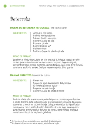 24       33 SURPRESAS INCRÍVEIS                  INSTITUTO DE NUTRIÇÃO ANNES DIAS | PREFEITURA DA CIDADE DO RIO DE JANEIRO




           Beterraba
           FOLHAS DE BETERRABA REFOGADAS / NÃO CONTÉM GLÚTEN

               INGREDIENTES                folhas de 4 beterrabas
                                           1 cebola média picadinha
                                           2 dentes de alho amassado
                                           2 colheres (sopa) de óleo
                                           2 tomates picados
                                           1 colher (chá) de sal*
                                           1 folha de louro
                                           2 colheres (sopa) de salsinha picada

               MODO DE PREPARO
               Lave bem as folhas, escorra, corte em tiras e reserve-as. Refogue a cebola e o alho
               no óleo, junte os tomates, o sal e o louro e mexa um pouco. Logo em seguida,
               acrescente as folhas e mexa, mantendo a panela tampada. Após cerca de 10 minutos,
               acrescente a salsinha e mexa. Desligue logo em seguida. Sirva quente.


           MANJAR NUTRITIVO / NÃO CONTÉM GLÚTEN

               INGREDIENTES                1 beterraba
                                           2 copos de água do cozimento da beterraba
                                           10 colheres (sopa) de açúcar**
                                           1 copo de suco de laranja
                                           8 colheres (sopa) de amido de milho

               MODO DE PREPARO
               Cozinhe a beterraba e reserve uma parte da água do cozimento para dissolver
               o amido de milho. Bata no liquidiﬁcador a beterraba com o restante da água do
               cozimento, o açúcar e o suco de laranja. Coloque o conteúdo do liquidiﬁcador
               numa panela com o amido de milho dissolvido e leve ao fogo, mexendo sem
               parar. Quando a mistura soltar do fundo da panela, retire do fogo e coloque
               numa forma. Depois de frio, leve à geladeira.


           * Os hipertensos devem ter cuidado com a quantidade de sal adicionado.
           ** Os diabéticos devem trocar o açúcar por adoçante de forno e fogão.




livro_33surpresas_miolo_impressaoCaseira.indd 24                                                                               01/10/10 14:31
 