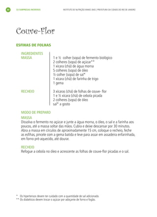 30       33 SURPRESAS INCRÍVEIS                  INSTITUTO DE NUTRIÇÃO ANNES DIAS | PREFEITURA DA CIDADE DO RIO DE JANEIRO




           Couve-Flor
           ESFIHAS DE FOLHAS

               INGREDIENTES
               MASSA                       1 e ½ colher (sopa) de fermento biológico
                                           2 colheres (sopa) de açúcar**
                                           1 xícara (chá) de água morna
                                           5 colheres (sopa) de óleo
                                           ½ colher (sopa) de sal*
                                           1 xícara (chá) de farinha de trigo
                                           1 gema

               RECHEIO                     3 xícaras (chá) de folhas de couve- ﬂor
                                           1 e ½ xícara (chá) de cebola picada
                                           2 colheres (sopa) de óleo
                                           sal* a gosto

               MODO DE PREPARO
               MASSA
               Dissolva o fermento no açúcar e junte a água morna, o óleo, o sal e a farinha aos
               poucos, até a massa soltar das mãos. Cubra e deixe descansar por 30 minutos.
               Abra a massa em círculos de aproximadamente 15 cm, coloque o recheio, feche
               as esﬁhas, pincele com a gema batida e leve para assar em assadeira enfarinhada,
               em forno pré-aquecido, até dourar.

               RECHEIO
               Refogue a cebola no óleo e acrescente as folhas de couve-ﬂor picadas e o sal.




           * Os hipertensos devem ter cuidado com a quantidade de sal adicionado.
           ** Os diabéticos devem trocar o açúcar por adoçante de forno e fogão.




livro_33surpresas_miolo_impressaoCaseira.indd 30                                                                               01/10/10 14:31
 