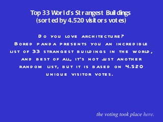 Top 33 World’s Strangest Buildings  (sorted by 4.520 visitors votes) Do you love architecture? Bored panda presents you an incredible list of 33 strangest buildings in the world, and best of all, it’s not just another random list, but it is based on 4.520 unique visitor votes.  the voting took place  here . 