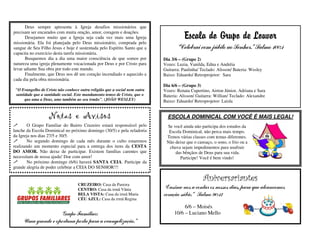 Deus sempre apresenta à Igreja desafios missionários que
precisam ser encarados com muita oração, amor, coragem e doações.
Desejamos muito que a Igreja seja cada vez mais uma Igreja
missionária. Ela foi planejada pelo Deus missionário, comprada pelo
sangue de Seu Filho Jesus e hoje é sustentada pelo Espírito Santo que a
capacita no exercício desta tarefa missionária.
Busquemos dia a dia uma maior consciência de que somos por
natureza uma igreja plenamente vocacionada por Deus e por Cristo para
levar adiante Sua obra por todo este mundo.
Finalmente, que Deus nos dê um coração incendiado e aquecido a
cada dia pela obra missionária.
"O Evangelho de Cristo não conhece outra religião que a social nem outra
santidade que a santidade social. Este mandamento temos de Cristo, que o
que ama a Deus, ame também ao seu irmão". (JOÃO WESLEY)
Notas e Avisos
O Grupo Familiar do Bairro Cruzeiro estará responsável pelo
lanche da Escola Dominical no próximo domingo (30/5) e pela zeladoria
da Igreja nos dias 27/5 e 30/5.
No segundo domingo de cada mês durante o culto estaremos
realizando um momento especial para a entrega dos itens da CESTA
DO AMOR. Não deixe de participar. Existem famílias carentes que
necessitam de nossa ajuda! Doe com amor!
No próximo domingo (6/6) haverá SANTA CEIA. Participe da
grande alegria de poder celebrar a CEIA DO SENHOR!!!
CRUZEIRO: Casa da Pastora
CENTRO: Casa da irmã Vânia
BELA VISTA: Casa da irmã Maria
CÉU AZUL: Casa da irmã Regina
Grupo Familiar:
Uma grande e oportuna porta para a evangelização.”
Escala do Grupo de Louvor
“Celebrai com júbilo ao Senhor.” Salmo 100:1
Dia 3/6 – (Grupo 2)
Vozes: Luzia, Vanilda, Edna e Andréia
Guitarra: Paulinha/ Teclado: Alisson/ Bateria: Wesley
Baixo: Eduardo/ Retroprojetor: Sara
Dia 6/6 – (Grupo 3)
Vozes: Renata Cupertino, Airton Júnior, Adriana e Sara
Bateria: Alisson/ Guitarra: Willian/ Teclado: Alexandre
Baixo: Eduardo/ Retroprojetor: Laisla
ESCOLA DOMINICAL COM VOCÊ É MAIS LEGAL!
Se você ainda não participa dos estudos da
Escola Dominical, não perca mais tempo.
Temos várias classes com temas diferentes.
Não deixe que o cansaço, o sono, o frio ou a
chuva sejam impedimentos para usufruir
das bênçãos de Deus para sua vida.
Participe! Você é bem vindo!
Aniversariantes
“Ensina-nos a contar os nossos dias, para que alcancemos
coração sábio.” Salmo 90:12
6/6 – Moisés
10/6 – Luciano Mello
 