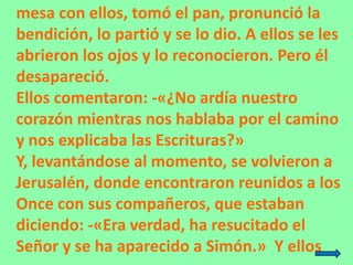 mesa con ellos, tomó el pan, pronunció la
bendición, lo partió y se lo dio. A ellos se les
abrieron los ojos y lo reconoci...
