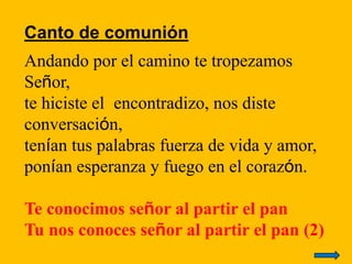 Canto de comunión
Andando por el camino te tropezamos
Señor,
te hiciste el encontradizo, nos diste
conversación,
tenían tu...