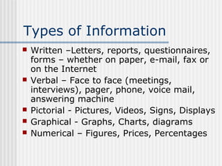 Types of Information 
 Written –Letters, reports, questionnaires, 
forms – whether on paper, e-mail, fax or 
on the Internet 
 Verbal – Face to face (meetings, 
interviews), pager, phone, voice mail, 
answering machine 
 Pictorial - Pictures, Videos, Signs, Displays 
 Graphical - Graphs, Charts, diagrams 
 Numerical – Figures, Prices, Percentages 
 