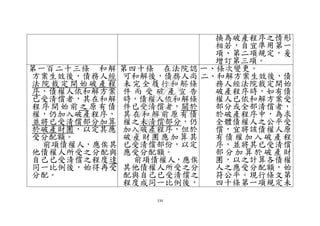 330
換為破產程序之情形
相若，自宜準用第一
項、第二項規定，爰
增訂第三項。
第一百二十三條 和解
方案生效後，債務人經
法院裁定開始破產程
序，債權人依和解方案
已受清償者，其在和解
程序開始前之原有債
權，仍加入破產程序，
並將已受清償部分加算
於破產財團，以定其應
受分配額。
前項債權人，應俟其
他債權人所受之分配與
自己已受清償之程度達
同一比例後，始得再受
分配。
第四十條 在法院認
可和解後，債務人尚
未完全履行和解條
件 而 受 破 產 宣 告
時，債權人依和解條
件已受清償者，關於
其在和解前原有債
權之未清償部分，仍
加入破產程序，但於
破產財團應加算其
已受清償部份，以定
應受分配額。
前項債權人，應俟
其他債權人所受之分
配與自己已受清償之
程度成同一比例後，
一、條次變更。
二、和解方案生效後，債
務人經法院裁定開始
破產程序時，如有債
權人已依和解方案受
部分或全部清償者，
於破產程序中，為求
全體債權人之公平受
償，宜將該債權人原
有 債 權 加 入 破 產 程
序，並將其已受清償
部 分 加 算 於 破 產 財
團，以之計算各債權
人之應受分配額，始
符公平。現行條文第
四十條第一項規定未
行
政
院
行
政
院
第
3495次
院
會
會
議
D66CFD35E8BDEB37
 