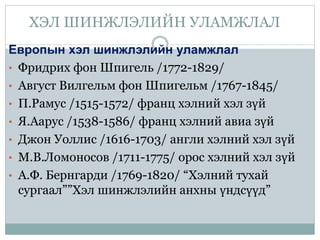 ХЭЛ ШИНЖЛЭЛИЙН УЛАМЖЛАЛ
Европын хэл шинжлэлийн уламжлал
• Фридрих фон Шпигель /1772-1829/
• Август Вилгельм фон Шпигельм /1767-1845/
• П.Рамус /1515-1572/ франц хэлний хэл зүй
• Я.Аарус /1538-1586/ франц хэлний авиа зүй
• Джон Уоллис /1616-1703/ англи хэлний хэл зүй
• М.В.Ломоносов /1711-1775/ орос хэлний хэл зүй
• А.Ф. Бернгарди /1769-1820/ “Хэлний тухай
сургаал””Хэл шинжлэлийн анхны үндсүүд”
 