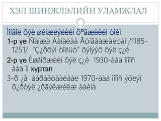 ХЭЛ ШИНЖЛЭЛИЙН УЛАМЖЛАЛ
Ìîíãîë õýë øèíæëýëèéí õºãæëèéí òîéì
1-р үе Ñàíæà Áàíäèäà Ãóíãààæàëöàí /1185-
1251/ “Ç¿ðõýí òîëüò” õýìýýõ õýë ç¿é
2-р үе Èøäîðæèéí õýë ç¿é 1930-ààä îíîîñ
ààä îí хүртэл
3-ð ¿å áàðàãöààëáàë 1970-ààä îíîîñ ýõëýí
õ¿ðòýë ¿ðãýëæèëæ áàéíà
 