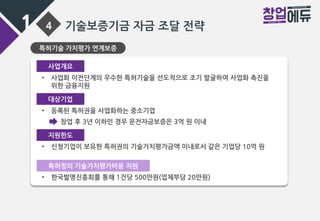 1 4 기술보증기금 자금 조달 전략
특허기술 가치평가 연계보증
• 사업화 이전단계의 우수한 특허기술을 선도적으로 조기 발굴하여 사업화 촉진을
위한 금융지원
사업개요
대상기업
지원한도
• 등록된 특허권을 사업화하는 중소기업
• 신청기업이 보유한 특허권의 기술가치평가금액 이내로서 같은 기업당 10억 원
창업 후 3년 이하인 경우 운전자금보증은 3억 원 이내
특허청의 기술가치평가비용 지원
• 한국발명진흥회를 통해 1건당 500만원(업체부담 20만원)
 