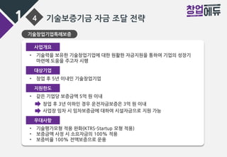 1 4 기술보증기금 자금 조달 전략
기술창업기업특례보증
• 기술력을 보유한 기술창업기업에 대한 원활한 자금지원을 통하여 기업의 성장기
마련에 도움을 주고자 시행
사업개요
대상기업
지원한도
• 창업 후 5년 이내인 기술창업기업
• 같은 기업당 보증금액 5억 원 이내
창업 후 3년 이하인 경우 운전자금보증은 3억 원 이내
사업장 임차 시 임차보증금에 대하여 시설자금으로 지원 가능
우대사항
• 기술평가모형 적용 완화(KTRS-Startup 모형 적용)
• 보증금액 사정 시 소요자금의 100% 적용
• 보증비율 100% 전액보증으로 운용
 