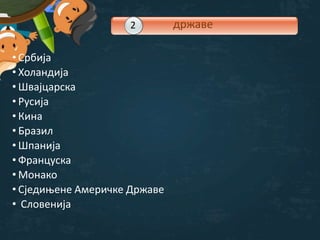 • Србија
• Холандија
• Швајцарска
• Русија
• Кина
• Бразил
• Шпанија
• Француска
• Монако
• Сједињене Америчке Државе
• Словенија
1 државе2
 
