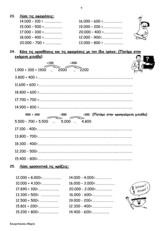 9
Κουφοπούλου Μαρία
23. Λύσε τις αφαιρέσεις:
14.000 – 100 = ………..………. 16.000 – 600 =……………………
15.000 – 500 =…………………. 19.000 – 200 =……………………
17.000 – 300 =…………………. 20.000 – 400 =……………………
18.000 – 400 =…………………. 12.000 - 900=…………………….
20.000 – 700 = ………………. 13.000 – 800 = …………………..
24. Κάνε τις προσθέσεις και τις αφαιρέσεις με τον ίδιο τρόπο: (Πατάμε στην
επόμενη χιλιάδα)
+100 +200
1.900 + 300 = 1900 … 2000 … 2200
3.800 + 400 =…………………………………………………………………………………………..……………
11.600 + 600 =………………………………………………………………………………………………….…..
18.800 + 600 =………………………………………………………………………………………………………
17.700 + 700 =……………………………………………………………………………………………………..
14.900 + 800 =……………………………………………………………………………………………………..
500 + 200 -500 -200 (Πατάμε στην προηγούμενη χιλιάδα)
5.500 – 700 = 5.500 … 5.000 … 4.800
17.100 - 400=……………………………………………………………………………….……..……………….
13.800 - 700=………………………………………………………………………………..…………………….
18.300 - 400=……………………………………………………………………………………..……………….
12.200 - 500=……………………………………………………………………………………..……………….
15.400 - 800=……………………………………………………………………………………..……………….
25. Λύσε προσεκτικά τις πράξεις:
12.000 + 8.000=…………………… 14.000 - 4.000=…………………
10.000 + 4.100=………………….. 16.000 – 3.000=……………………
17.890 + 100=……………………. 20.000 - 2.000=………………..
13.300 + 500= ………………….. 16.000 - 600=……………………
12.500 + 500=………………….. 19.000 - 200=………………………
15.801 + 200=……………………. 12.300 - 400=…………………….
15.200 + 800=…………………… 14.400 - 600=…………………
 