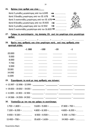 10
Κουφοπούλου Μαρία
26. Βρίσκω έναν αριθμό που είναι :
Κατά 2 χιλιάδες μεγαλύτερος από τον 6.045 …………….…….
Κατά 3 δεκάδες μικρότερος από τον 10. 678 ………..………….
Κατά 3 εκατοντάδες μικρότερος από τον 10. 678 …………………..
Κατά 8 δεκάδες μεγαλύτερος από τον 15.920 …………………..
Κατά 3 χιλιάδες μικρότερος από τον 12.932 …………………..
Κατά 2 εκατοντάδες μεγαλύτερο από τον 16.820 …………………..
27. Γράφω τα αποτελέσματα της άσκησης 26 από τον μικρότερο στον μεγαλύτερο
αριθμό:
................... < …………..……. .< ………….………. .< ………..………. < ……………..… < ………..……….
28. Βρείτε τους αριθμούς που είναι μικρότεροι κατά… από τους αριθμούς στην
αριστερή στήλη:
-1.000 -100 -10 -1
20.000 ................. ................. .................. .................
5.000 ................. ................. .................. ..................
8.000 ................ ................. .................. ...................
7.740 ................. ................. .................. ...................
9.999 ................. ................. .................. ...................
15.001 ................. ................ .................. ...................
14.990 ................. ................. .................. ...................
11.005 ................. ................. ................. ...................
29. Συμπλήρωσε τα κενά με τους αριθμούς που λείπουν:
 12.997 – 12.998 – 12.999 - _________ - _________ - __________ - _________
 19.003 – 19.002 – 19.001 - __________ - _________ - __________ - ________
 11.905 – 12.903 – 12.901 - _________ - _________ - __________ - _________
 14.588 – 14.590– 14.592 - _________ - _________ - __________ - _________
30. Υπολογίζω με τον νου και γράφω το αποτέλεσμα:
1.700 + 1.800 = ………………. 9.600 + 5.000 = …………………. 17.800 + 700 =…………….
7.300 + 8.200 = …………………. 4.800 + 8.300 =……………….…. 4.800 + 8.200 =…………….
9.900 + 9.100 = …………………. 8.500 + 8.500 =……………….. 9.300 + 6.700 = …………….
13.400 + 700 = ………….………. 15.600 + 1.600= ………………. 14.900 + 600 = ……………….
 