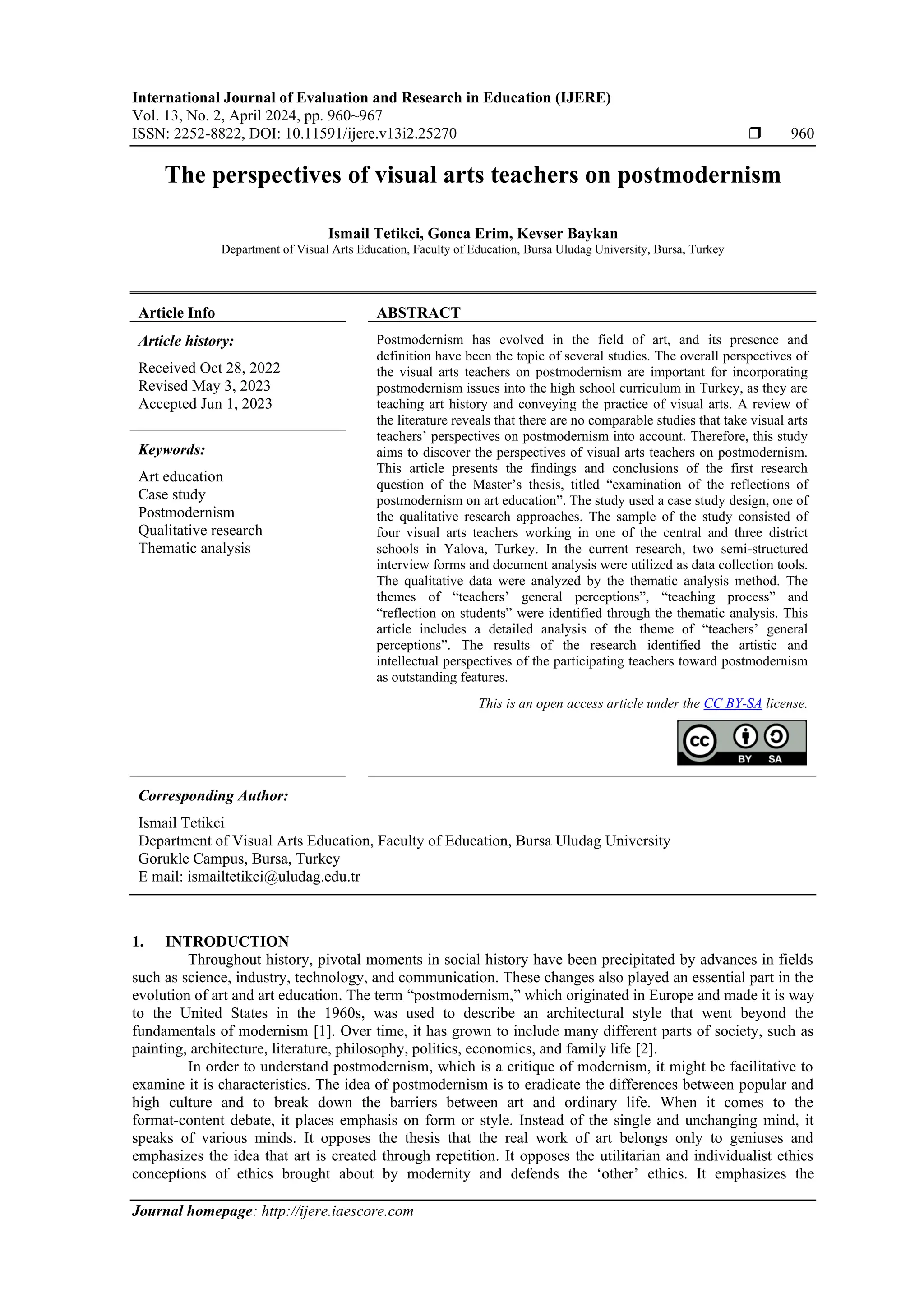 The perspectives of visual arts teachers on postmodernism | PDF