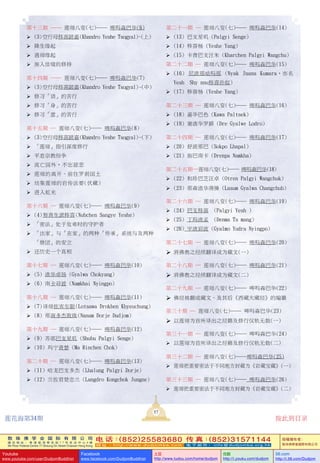 敦 珠 佛 学 会 国 际 有 限 公 司
通 讯 地 址 ： 香 港 柴 湾 常 安 街 7 7 号 发 达 中 心 4 楼
4th Floor Federal Centre 77 Sheung On Street Chaiwan Hong Kong
电 话：(852)25583680 传 真：(852)31571144
网 址 ： h t t p : / / w w w . d u d j o m b a . c o m 电 子 邮 件 ： info@dudjomba.org.hk
版權擁有者：
敦珠佛學會國際有限公司
Youtube
www.youtube.com/user/DudjomBuddhist
Facebook
www.facebook.com/DudjomBuddhist
土豆
http://www.tudou.com/home/dudjom
优酷
http://i.youku.com/dudjom
56.com
http://i.56.com/Dudjom
57
第十三期 ―― 蓮師八變(七)―― 啤嗎森巴華(6)
	(3)空行母移喜蹉嘉(Khandro Yeshe Tsogyal)-(上)
	降生緣起
	遇師緣起
	漸入佳境的修持
第十四期 ―― 蓮師八變(七)―― 啤嗎森巴華(7)
	(3)空行母移喜蹉嘉(Khandro Yeshe Tsogyal)-(中)
	修習「語」的苦行
	修習「身」的苦行
	修習「意」的苦行
第十五期 ― 蓮師八變(七)―― 啤嗎森巴華(8)
	(3)空行母移喜蹉嘉(Khandro Yeshe Tsogyal)-(下)
	「蓮師」指引深度修行
	平息宗教紛爭
	流亡國外，不忘慈悲
	蓮師的離開、前往羅剎國土
	結集蓮師的巖傳法要(伏藏)
	進入虹光
第十六期 ― 蓮師八變(七)―― 啤嗎森巴華(9)
	(4)努青生遮移喜(Nubchen Sangye Yeshe)
	「密法」處於危難時的守護者
	「出家」與「在家」的兩種「傳承」系統與及兩種
「僧團」的安立
	還歷史一個真相
第十七期 ― 蓮師八變(七)―― 啤嗎森巴華(10)
	(5) 渣華卓揚 (Gyalwa Chokyang)
	(6) 南卡迎波 (Namkhai Nyingpo)
第十八期 ― 蓮師八變(七)―― 啤嗎森巴華(11)
	(7)譯師佐賓車聰(Lotsawa Drokben Khyeuchung)
	(8) 那南多傑敦珠(Nanam Dorje Dudjom)
第十九期 ― 蓮師八變(七)―― 啤嗎森巴華(12)
	(9) 蘇部巴支星嘰 (Shubu Palgyi Senge)
	(10) 瑪寧青楚 (Ma Rinchen Chok)
第二十期 ― 蓮師八變(七)―― 啤嗎森巴華(13)
	(11) 哈龍巴支多傑 (Lhalung Palgyi Dorje)
	(12) 蘭佐君楚忠蘭 (Langdro Kongchok Jungne)
第二十一期 ― 蓮師八變(七)―― 啤嗎森巴華(14)
	(13) 巴支星嘰 (Palgyi Senge)
	(14) 移喜楊 (Yeshe Yang)
	(15) 卡青巴支汪朱 (Kharchen Palgyi Wangchu)
第二十二期 ― 蓮師八變(七)―― 啤嗎森巴華(15)
	(16) 尼渣那咕嗎那 (Nyak Jnana Kumara，亦名
Yeshé Shyénnu移喜孫奴)
	(17) 移喜楊 (Yeshe Yang)
第二十三期 ― 蓮師八變(七)―― 啤嗎森巴華(16)
	(18) 嘉華巴色 (Kawa Paltsek)
	(19) 謝渣華羅爵 (Dre Gyalwe Lodro)
第二十四期 ― 蓮師八變(七)―― 啤嗎森巴華(17)
	(20) 舒波那巴 (Sokpo Lhapal)
	(21) 旃巴南卡 (Drenpa Namkha)
第二十五期―蓮師八變(七)―― 啤嗎森巴華(18)
	(22) 和珍巴芝汪卓 (Otren Palgyi Wangchuk)
	(23) 那森渣華蔣操 (Lasum Gyalwa Changchub)
第二十六期 ― 蓮師八變(七)―― 啤嗎森巴華(19)
	(24) 巴支移喜 (Palgyi Yeshé)
	(25) 丁瑪渣孟 (Denma Tsémang)
	(26) 宇渣迎波 (Gyalmo Yudra Nyingpo)
第二十七期 ― 蓮師八變(七)―― 啤嗎森巴華(20)
	將佛教之經續翻譯成為藏文(一)
第二十八期 ― 蓮師八變(七)―― 啤嗎森巴華(21)
	將佛教之經續翻譯成為藏文(二)
第二十九期 ― 蓮師八變(七)―― 啤嗎森巴華(22)
	佛經被翻成藏文、及其後《西藏大藏經》的編纂
第三十期 ― 蓮師八變(七)―― 啤嗎森巴華(23)
 以蓮師為首所譯出之經籍及修行儀軌無數(一)
第三十一期 ― 蓮師八變(七)―― 啤嗎森巴華(24)
	以蓮師為首所譯出之經籍及修行儀軌無數(二)
第三十二期 ― 蓮師八變(七)――啤嗎森巴華(25)
	蓮師把重要密法於不同地方封藏為《巖藏寶藏》(一)
第三十三期 ― 蓮師八變(七)―― 啤嗎森巴華(26)
	蓮師把重要密法於不同地方封藏為《巖藏寶藏》(二)
蓮花海第34期 按此到目錄
 