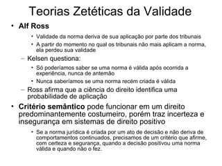 Teorias Zetéticas da Validade
• Alf Ross
• Validade da norma deriva de sua aplicação por parte dos tribunais
• A partir do momento no qual os tribunais não mais aplicam a norma,
ela perdeu sua validade

– Kelsen questiona:
• Só poderíamos saber se uma norma é válida após ocorrida a
experiência, nunca de antemão
• Nunca saberíamos se uma norma recém criada é válida

– Ross afirma que a ciência do direito identifica uma
probabilidade de aplicação

• Critério semântico pode funcionar em um direito
predominantemente costumeiro, porém traz incerteza e
insegurança em sistemas de direito positivo
• Se a norma jurídica é criada por um ato de decisão e não deriva de
comportamentos continuados, precisamos de um critério que afirme,
com certeza e segurança, quando a decisão positivou uma norma
válida e quando não o fez.

 