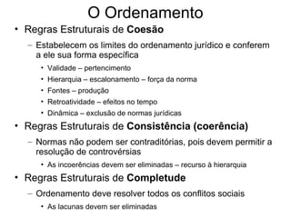 O Ordenamento
• Regras Estruturais de Coesão
– Estabelecem os limites do ordenamento jurídico e conferem
a ele sua forma específica
• Validade – pertencimento
• Hierarquia – escalonamento – força da norma
• Fontes – produção
• Retroatividade – efeitos no tempo
• Dinâmica – exclusão de normas jurídicas

• Regras Estruturais de Consistência (coerência)
– Normas não podem ser contraditórias, pois devem permitir a
resolução de controvérsias
• As incoerências devem ser eliminadas – recurso à hierarquia

• Regras Estruturais de Completude
– Ordenamento deve resolver todos os conflitos sociais
• As lacunas devem ser eliminadas

 