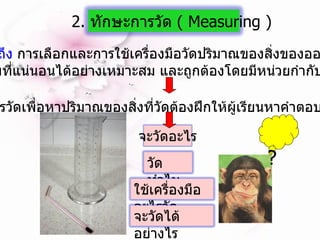หมายถึง  การเลือกและการใช้เครื่องมือวัดปริมาณของสิ่งของออกมาเป็น ตัวเลขที่แน่นอนได้อย่างเหมาะสม และถูกต้องโดยมีหน่วยกำกับเสมอ ในการวัดเพื่อหาปริมาณของสิ่งที่วัดต้องฝึกให้ผู้เรียนหาคำตอบ  4  ค่า ? 2.  ทักษะการวัด  (  Measuring  ) จะวัดอะไร วัดทำไม ใช้เครื่องมืออะไรวัด จะวัดได้อย่างไร 