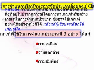 หมายถึง  การแบ่งพวกหรือการเรียงลำดับวัตถุ หรือสิ่งที่อยู่ในปรากฏการณ์โดยการหาเกณฑ์หรือสร้างเกณฑ์ในการจำแนกประเภท ซึ่งอาจใช้เกณฑ์อย่างใดอย่างหนึ่งก็ได้  แล้วแต่ผู้เรียนจะเลือกใช้เกณฑ์ใด ความเหมือน  ความแตกต่าง  ความสัมพันธ์  3.  ทักษะการจำแนกหรือทักษะการจัดประเภทสิ่งของ  (  Classifying  ) เกณฑ์ที่ใช้ในการจำแนกประเภทมี  3   อย่าง   ได้แก่       