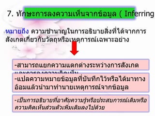 หมายถึง   ความชำนาญในการอธิบายสิ่งที่ได้จากการสังเกตเกี่ยวกับวัตถุหรือเหตุการณ์เฉพาะอย่าง  7.  ทักษะการลงความเห็นจากข้อมูล  (  Inferring  ) - สามารถแยกความแตกต่างระหว่างการสังเกต และการลงความคิดเห็น  - แปลความหมายข้อมูลที่บันทึกไว้หรือได้มาทางอ้อมแล้วนำมาทำนายเหตุการณ์จากข้อมูล - เป็นการอธิบายที่อาศัยความรู้หรือประสบการณ์เดิมหรือความคิดเห็นส่วนตัวเพิ่มเติมลงไปด้วย 