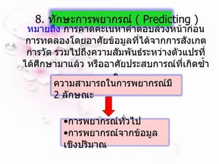หมายถึง  การคาดคะเนหาคำตอบล่วงหน้าก่อนการทดลองโดยอาศัยข้อมูลที่ได้จากการสังเกต การวัด รวมไปถึงความสัมพันธ์ระหว่างตัวแปรที่ได้ศึกษามาแล้ว หรืออาศัยประสบการณ์ที่เกิดซ้ำ ๆ 8.  ทักษะการพยากรณ์  (  Predicting  ) การพยากรณ์ทั่วไป การพยากรณ์จากข้อมูลเชิงปริมาณ ความสามารถในการพยากรณ์มี  2  ลักษณะ 