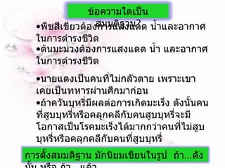 ถ้าควันบุหรี่มีผลต่อการเกิดมะเร็ง ดังนั้นคนที่สูบบุหรี่หรือคลุกคลีกับคนสูบบุหรี่จะมีโอกาสเป็นโรคมะเร็งได้มากกว่าคนที่ไม่สูบบุหรี่หรือคลุกคลีกับคนที่สูบบุหรี่ พืชสีเขียวต้องการแสงแดด น้ำและอากาศ ในการดำรงชีวิต ต้นมะม่วงต้องการแสงแดด น้ำ และอากาศในการดำรงชีวิต นายแดงเป็นคนที่ไม่กลัวตาย เพราะเขาเคยเป็นทหารผ่านศึกมาก่อน ข้อความใดเป็นสมมติฐาน ? การตั้งสมมติฐาน มักนิยมเขียนในรูป  ถ้า … ดังนั้น หรือ ถ้า ... แล้ว 