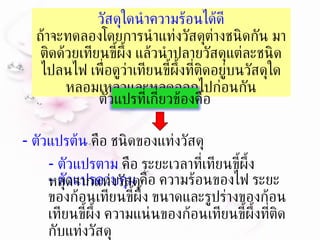 -  ตัวแปรควบคุม  คือ ความร้อนของไฟ ระยะของก้อนเทียนขี้ผึ้ง ขนาดและรูปร่างของก้อนเทียนขี้ผึ้ง ความแน่นของก้อนเทียนขี้ผึ้งที่ติดกับแท่งวัสดุ  วัสดุใดนำความร้อนได้ดี ถ้าจะทดลองโดยการนำแท่งวัสดุต่างชนิดกัน มาติดด้วยเทียนขี้ผึ้ง แล้วนำปลายวัสดุแต่ละชนิดไปลนไฟ เพื่อดูว่าเทียนขี้ผึ้งที่ติดอยู่บนวัสดุใด หลอมเหลวและหลุดออกไปก่อนกัน -  ตัวแปรต้น  คือ ชนิดของแท่งวัสดุ -  ตัวแปรตาม  คือ ระยะเวลาที่เทียนขี้ผึ้งหลุดจากแท่งวัสดุ ตัวแปรที่เกี่ยวข้องคือ 