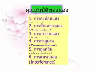 1.  การสะท้อนแสง  ( Reflection)  2.  การหักเหของแสง  ( Refraction) 3.  การกระจายแสง  ( Diffusion)  4.  การทะลุผ่าน  ( Transmission) 5.  การดูดกลืน  ( Absorption)  6.  การแทรกสอด  ( Interference)  คุณสมบัติของแสง 