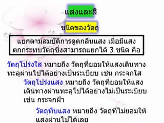 แยกตามสมบัติการดูดกลืนแสง เมื่อมีแสงตกกระทบวัตถุซึ่งสามารถแยกได้  3  ชนิด คือ วัตถุโปร่งใส  หมายถึง วัตถุที่ยอมให้แสงเดินทางทะลุผ่านไปได้อย่างเป็นระเบียบ เช่น กระจกใส   วัตถุโปร่งแสง  หมายถึง วัตถุที่ยอมให้แสงเดินทางผ่านทะลุไปได้อย่างไม่เป็นระเบียบ เช่น กระจกฝ้า   วัตถุทึบแสง  หมายถึง วัตถุที่ไม่ยอมให้แสงผ่านไปได้เลย   แสงและสี ชนิดของวัตถุ  