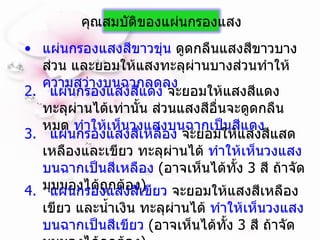 แผ่นกรองแสงสีขาวขุ่น  ดูดกลืนแสงสีขาวบางส่วน และยอมให้แสงทะลุผ่านบางส่วนทำให้ ความสว่างบนฉากลดลง 2.  แผ่นกรองแสงสีแดง  จะยอมให้แสงสีแดงทะลุผ่านได้เท่านั้น ส่วนแสงสีอื่นจะดูดกลืนหมด  ทำให้เห็นวงแสงบนฉากเป็นสีแดง 3.  แผ่นกรองแสงสีเหลือง  จะยอมให้แสงสีแสด เหลืองและเขียว ทะลุผ่านได้  ทำให้เห็นวงแสงบนฉากเป็นสีเหลือง  ( อาจเห็นได้ทั้ง  3  สี ถ้าจัดมุมมองได้ถูกต้อง ) 4.  แผ่นกรองแสงสีเขียว  จะยอมให้แสงสีเหลือง เขียว และน้ำเงิน ทะลุผ่านได้  ทำให้เห็นวงแสงบนฉากเป็นสีเขียว  ( อาจเห็นได้ทั้ง  3  สี ถ้าจัดมุมมองได้ถูกต้อง ) คุณสมบัติของแผ่นกรองแสง 