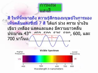 สี ในที่นี้หมายถึง ความรู้สึกของมนุษย์ในการมองเห็นคลื่นแสงซึ่งมี  7  สี  ได้แก่ ม่วง คราม น้ำเงิน เขียว เหลือง แสดและแดง มีความยาวคลื่นประมาณ   430, 450, 500, 535, 580, 600,  และ  700  นาโนเมตรตามลำดับ  การผสมแสงสี  