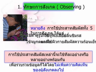 ใช้ตาดูรูปร่าง  ใช้หูฟังเสียง ใช้ลิ้นชิมรส ใช้จมูกดมกลิ่น  และใช้ผิวกายสัมผัสความร้อนเย็น  1.  ทักษะการสังเกต  (  Observing  ) หมายถึง   การใช้ประสาทสัมผัสทั้ง   5  ในการสังเกต ได้แก่ การใช้ประสาทสัมผัสเหล่านี้จะใช้ทีละอย่างหรือหลายอย่างพร้อมกัน  เพื่อรวบรวมข้อมูลก็ได้โดย ไม่เพิ่มความคิดเห็นของผู้สังเกตลงไป 