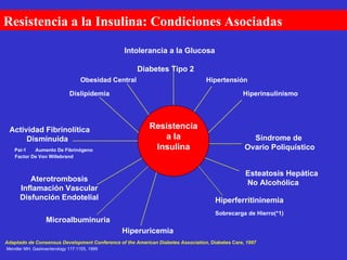Resistencia a la Insulina: Condiciones Asociadas Aterotrombosis Inflamación Vascular Disfunción Endotelial Hipertensión Síndrome de  Ovario Poliquístico Obesidad Central Dislipidemia Intolerancia a la Glucosa  Diabetes Tipo 2 Hiperinsulinismo Hiperuricemia Actividad Fibrinolítica  Disminuida   ⁭  Pai-1  ⁭   Aumento De Fibrinógeno ⁭   Factor De Von Willebrand Adaptado de Consensus Development Conference of the American Diabetes Association,  Diabetes Care , 1997 Microalbuminuria Esteatosis Hepática No Alcohólica Hiperferritininemia Sobrecarga de Hierro(*1) Mendler MH. Gastroenterology 117:1155, 1999 Resistencia a la Insulina 