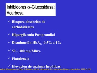 Bloquea absorción de carbohidratos Hipergli cemia  Postprandial Disminución  HbA 1c   0.5%  a  1% 50 – 300 mg/24hrs. Flatulenc ia Elevación de enzimas hepáticas Inhibidores   -Glucosidas a : Acarbosa Medical Management of Type 2 Diabetes. 4th ed. Alexandria, Va: American Diabetes Association; 1998:1-139.   