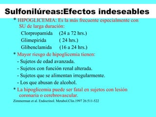 Sulfonilúreas:Efectos indeseables   *  HIPOGLICEMIA: Es la más frecuente especialmente con SU de larga duración: Clorpropamida  (24 a 72 hrs.) Glimepirida  ( 24 hrs.) Glibenclamida  (16 a 24 hrs.) *  Mayor riesgo de hipoglicemia tienen: - Sujetos de edad avanzada. - Sujetos con función renal alterada. - Sujetos que se alimentan irregularmente. - Los que abusan de alcohol. *  La hipoglicemia puede ser fatal en sujetos con lesión coronaria o cerebrovascular. Zimmerman et al. Endocrinol. Metabol.Clin.1997 26:511-522 