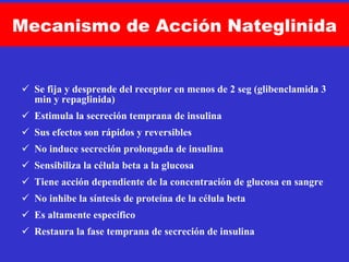 Mecanismo de Acción Nateglinida Se fija y desprende del receptor en menos de 2 seg (glibenclamida 3 min y repaglinida) Estimula la secreción temprana de insulina Sus efectos son rápidos y reversibles No induce secreción prolongada de insulina Sensibiliza la célula beta a la glucosa Tiene acción dependiente de la concentración de glucosa en sangre No inhibe la síntesis de proteína de la célula beta Es altamente específico Restaura la fase temprana de secreción de insulina 