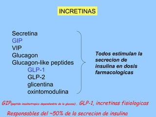 INCRETINAS Secretina GIP VIP Glucagon Glucagon-like peptides GLP-1 GLP-2 glicentina oxintomodulina Todos estimulan la secrecion de insulina en dosis farmacologicas GIP (peptido insulinotropico dependienbte de la glucosa) ,  GLP-1, incretinas fisiologicas Responsables del ~50% de la secrecion de insulina 