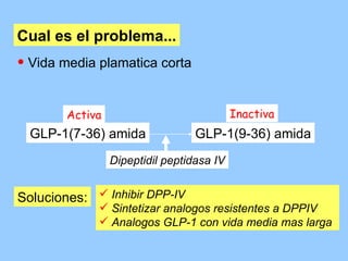 Cual es el problema... Vida media plamatica corta Inhibir DPP-IV Sintetizar analogos resistentes a DPPIV Analogos GLP-1 con vida media mas larga Soluciones: GLP-1(7-36) amida GLP-1(9-36) amida Dipeptidil peptidasa IV Activa Inactiva 